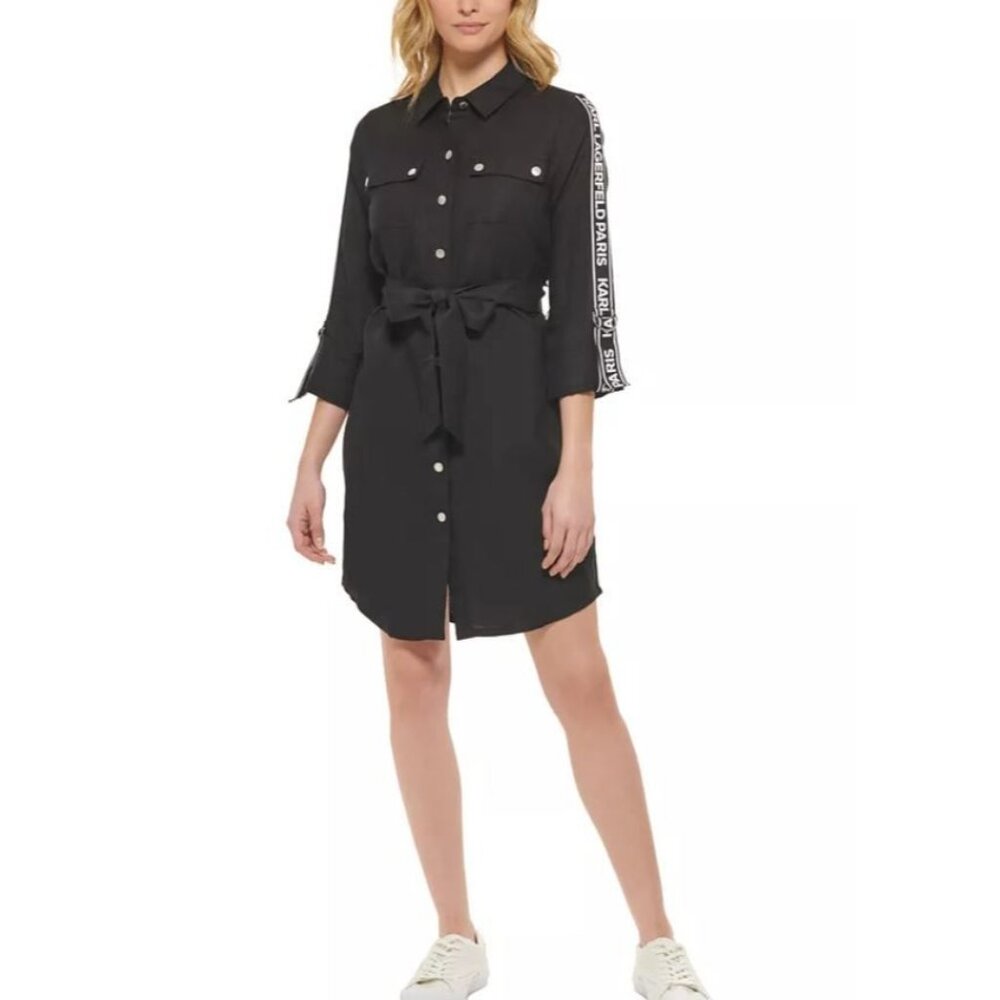 Karl Lagerfeld Paris Women's Black Linen Blend Logo Tape Shirtdress Sz 4 2444 - Picture 2 of 16